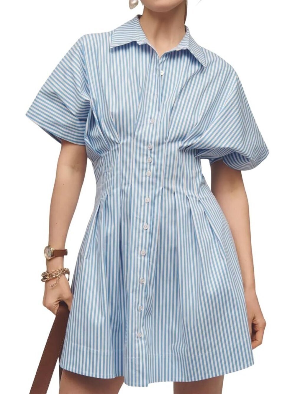 Women's Stripped Blue Down Short Sleeve Causal A Line Flowy Pleated Mini Dress
